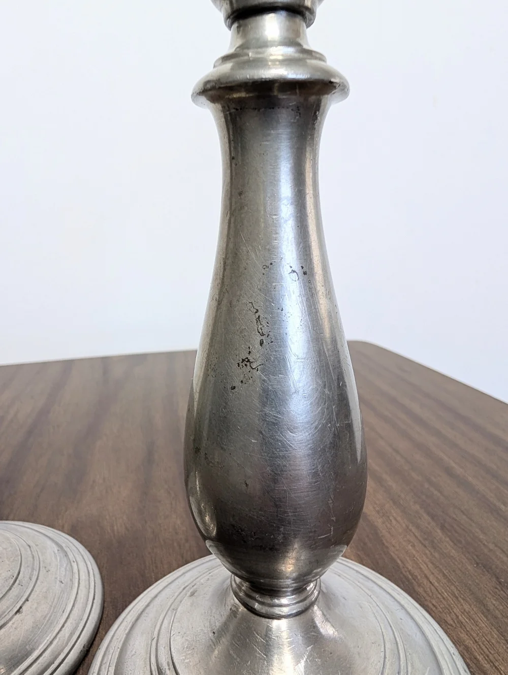 Pair Of Vintage Spindle Silver Tone Mayflower Pewter Tall Candlestick Holders